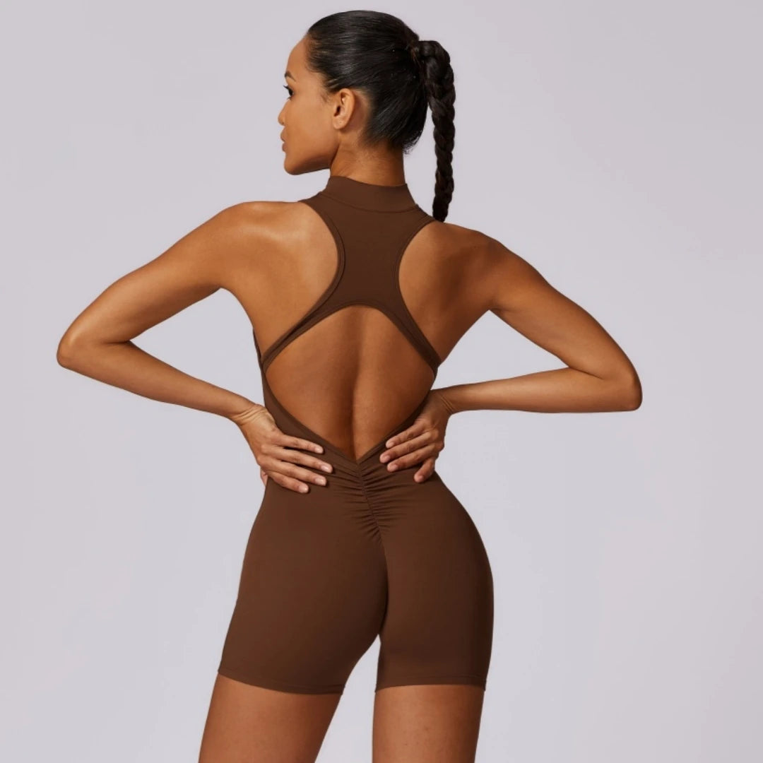 Solid Soft Backless Back Waist Scrunch Jumpsuit Short Set