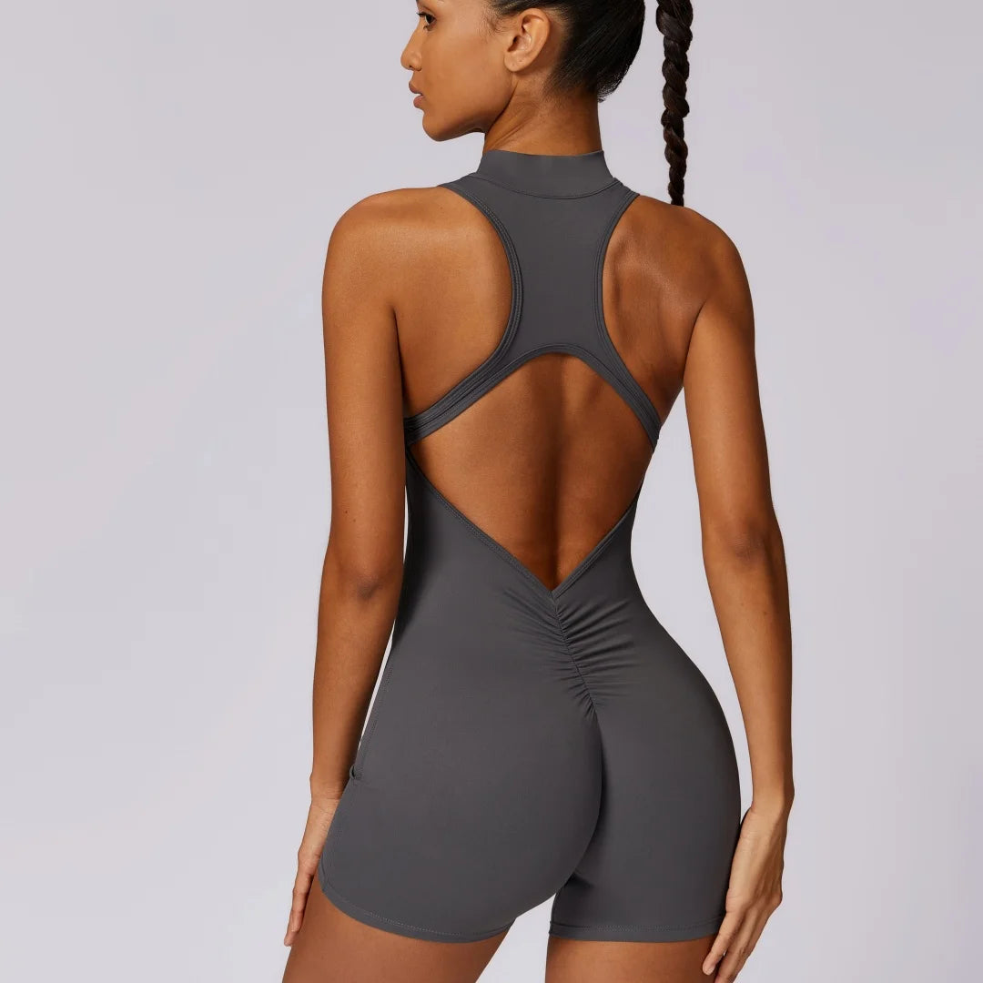Solid Soft Backless Back Waist Scrunch Jumpsuit Short Set