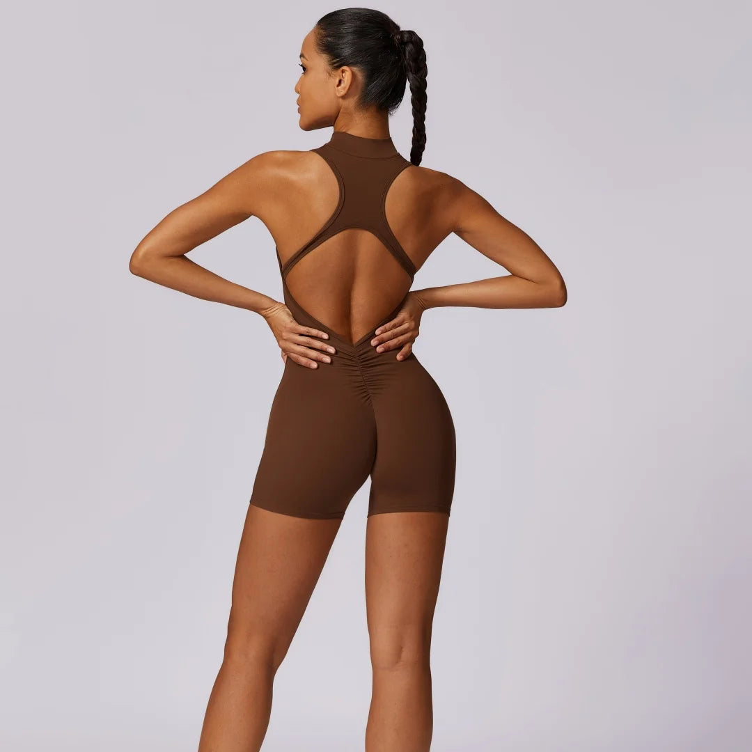Solid Soft Backless Back Waist Scrunch Jumpsuit Short Set