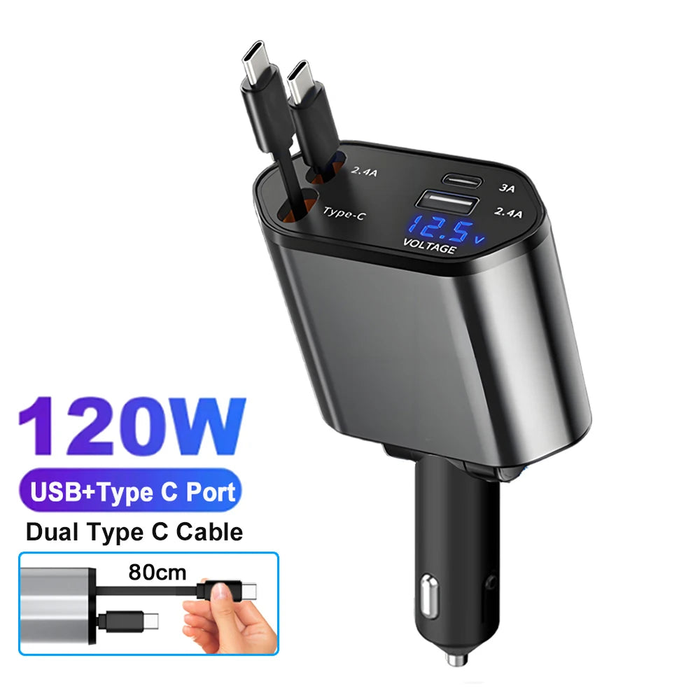 4 IN 1 Car Phone Charger 120W. Display For IPhone Huawei Samsung