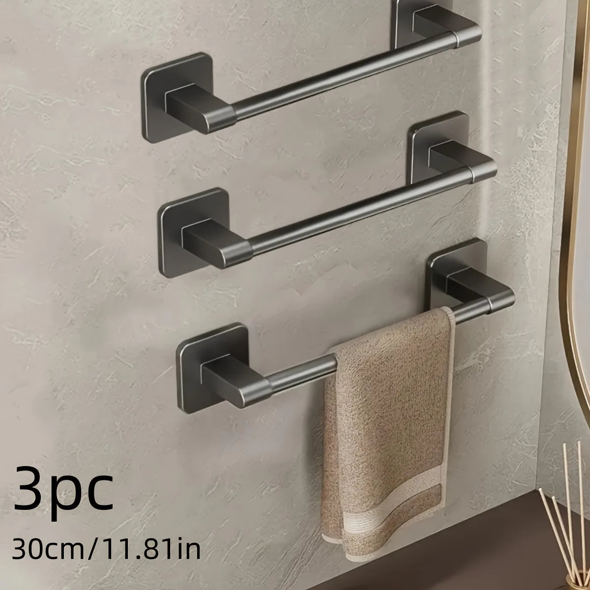 3pcs Black No-Drill Wall-Mounted Towel Rack