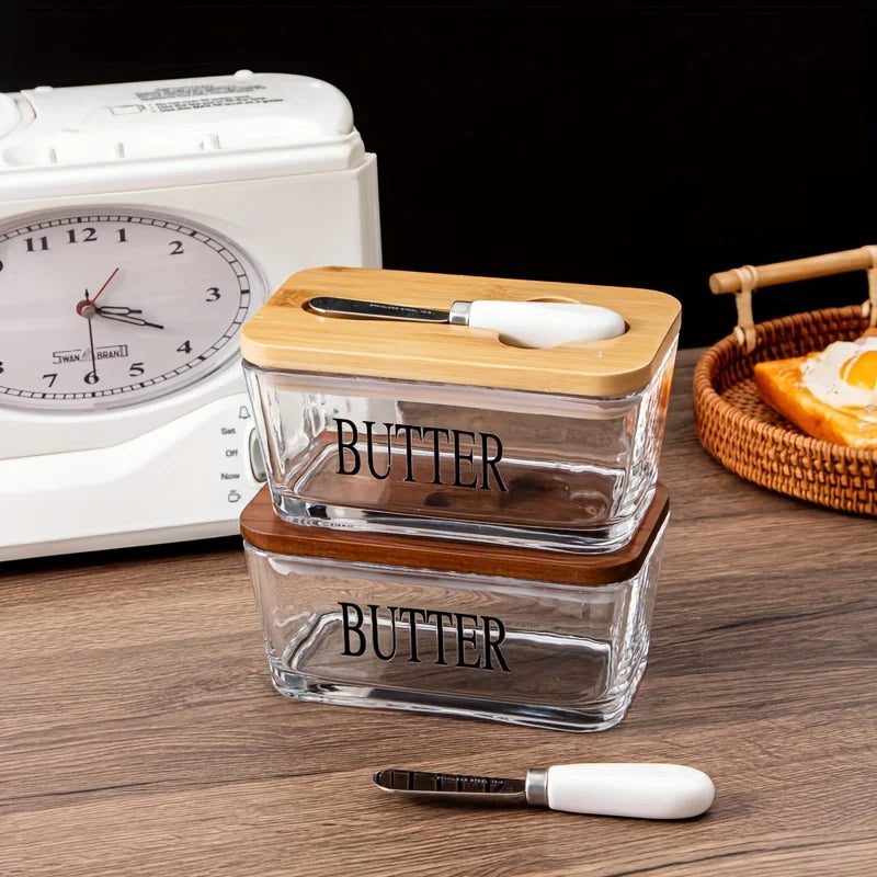 Thickened Glass Butter Dish Set with Rosewood Lid