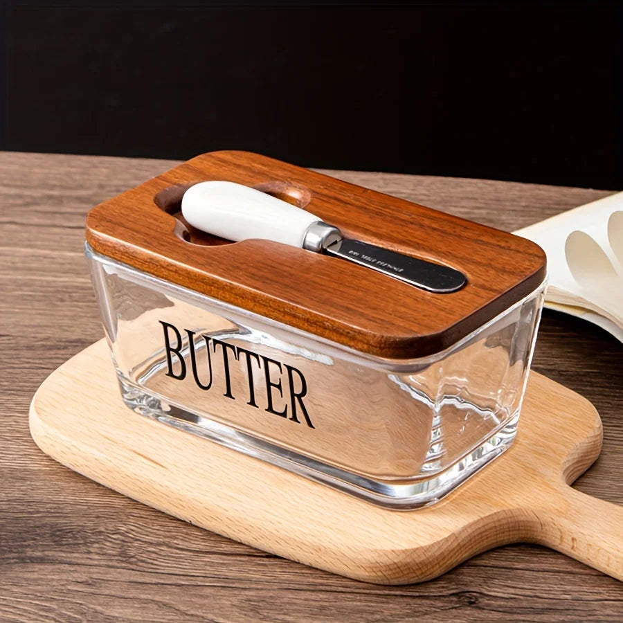 Thickened Glass Butter Dish Set with Rosewood Lid