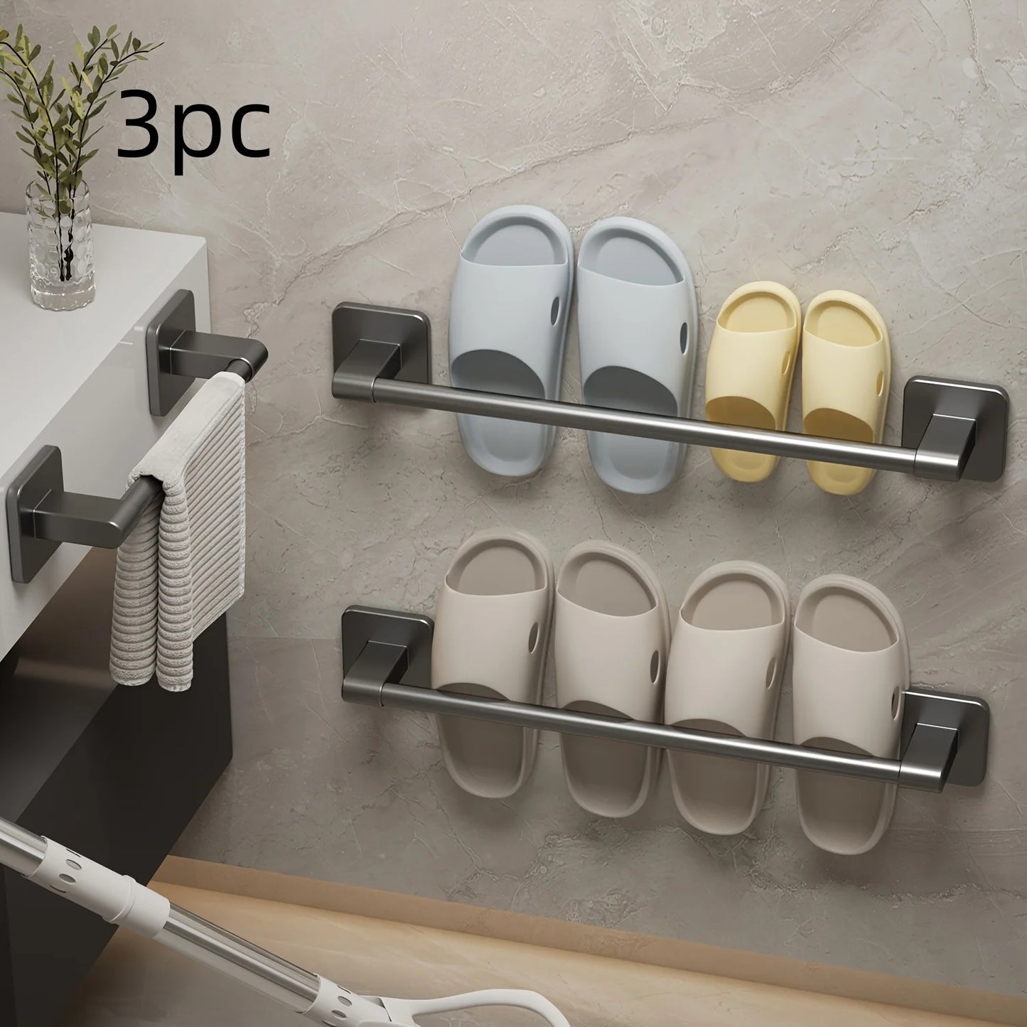 3pcs Black No-Drill Wall-Mounted Towel Rack