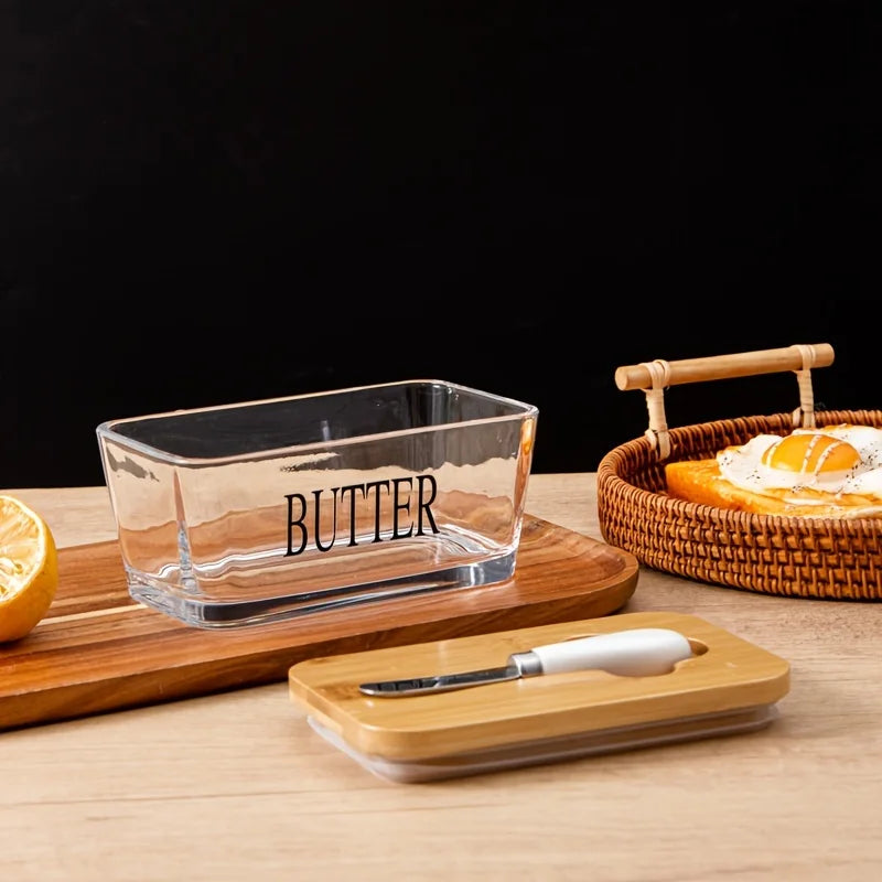 Thickened Glass Butter Dish Set with Rosewood Lid