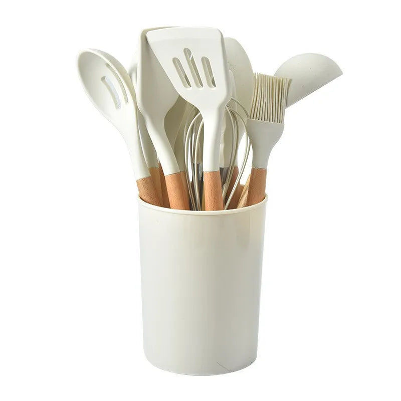 Silicone Kitchen Utensil Set with Wooden Handles