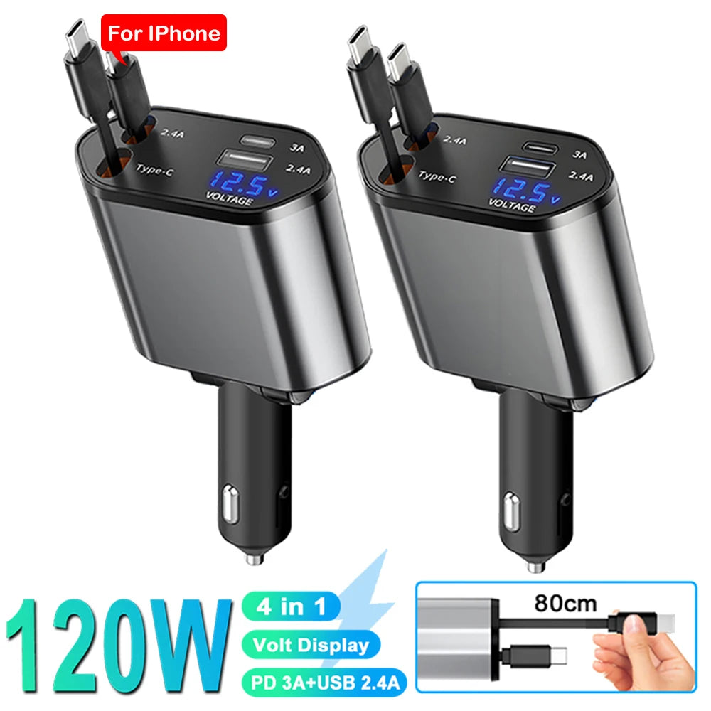 4 IN 1 Car Phone Charger 120W. Display For IPhone Huawei Samsung