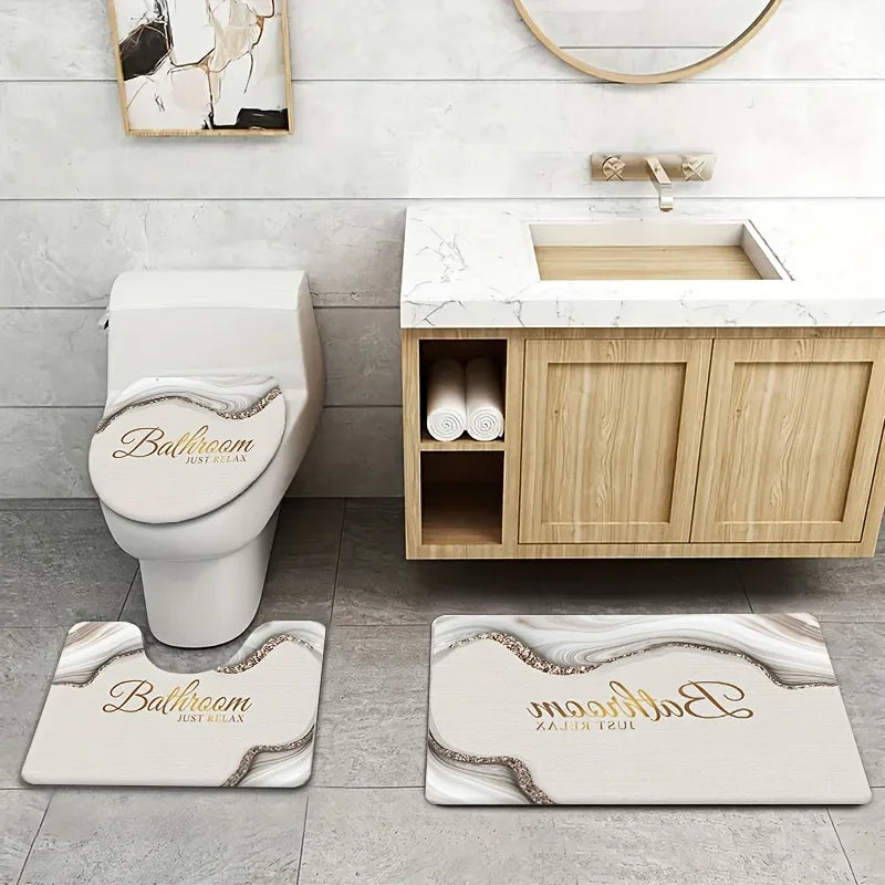 3 Piece Set Marble Texture Bathroom Floor Mat