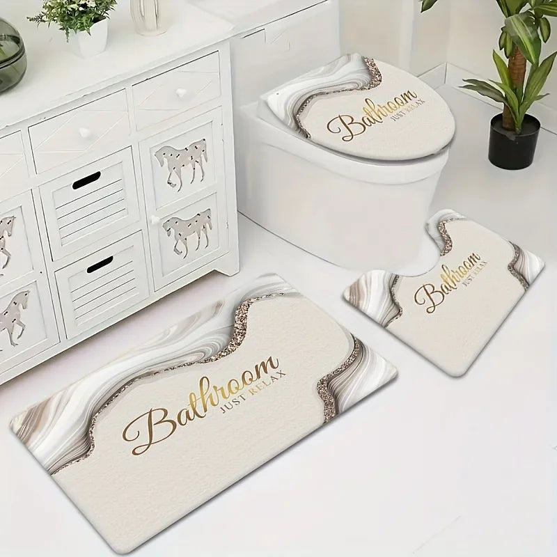 3 Piece Set Marble Texture Bathroom Floor Mat
