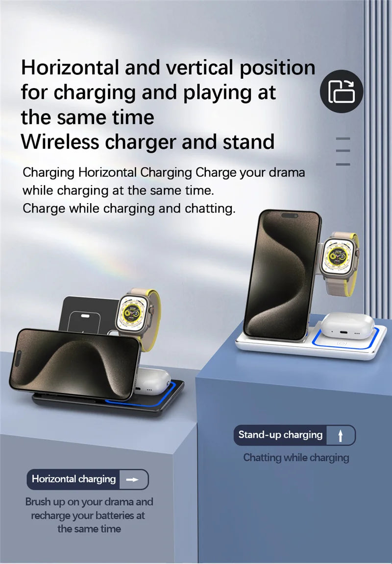 3 in 1 Wireless Charger Stand Pad Foldable Fast Charging Station Dock For iPhone 16 15 14 13 12 11 X 8 Apple Watch Airpods