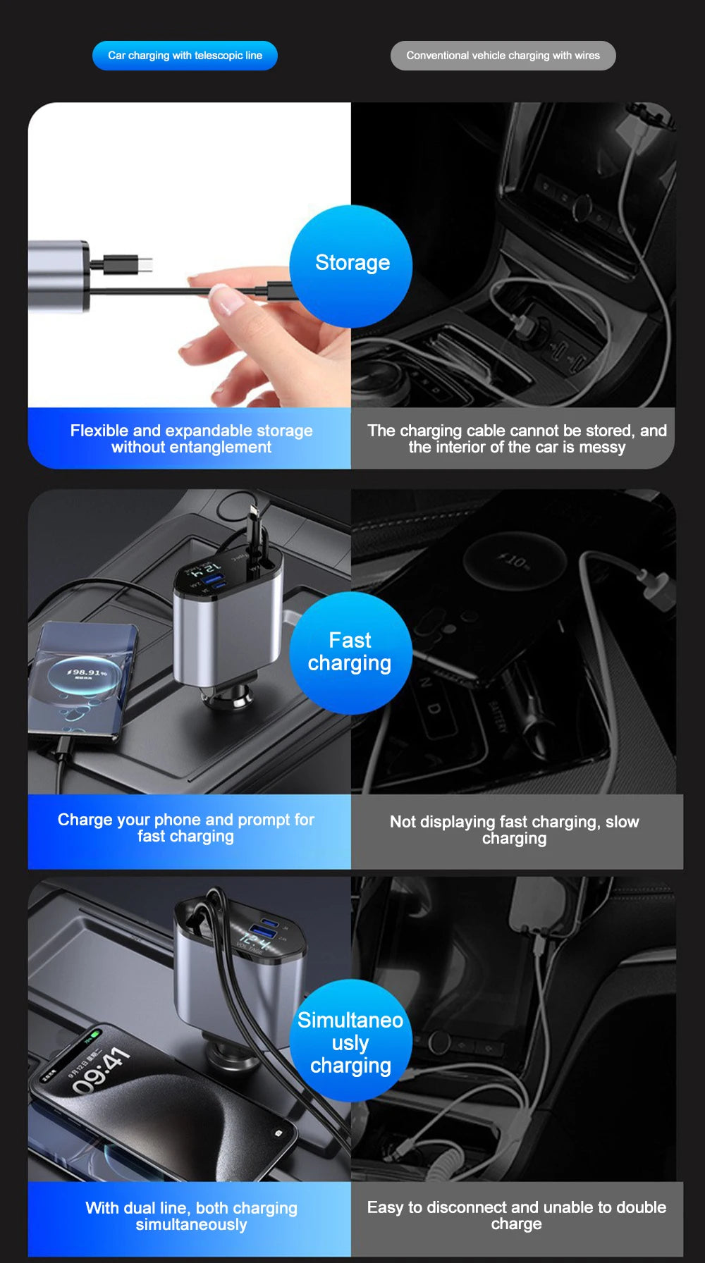 4 IN 1 Car Phone Charger 120W. Display For IPhone Huawei Samsung