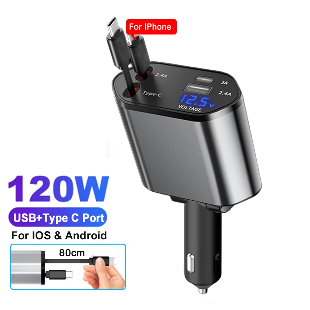4 IN 1 Car Phone Charger 120W. Display For IPhone Huawei Samsung