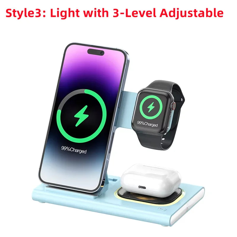3 in 1 Wireless Charger Stand Pad Foldable Fast Charging Station Dock For iPhone 16 15 14 13 12 11 X 8 Apple Watch Airpods