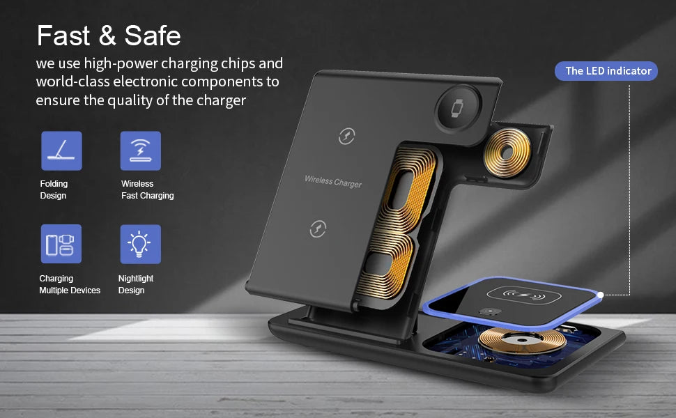 3 in 1 Wireless Charger Stand Pad Foldable Fast Charging Station Dock For iPhone 16 15 14 13 12 11 X 8 Apple Watch Airpods