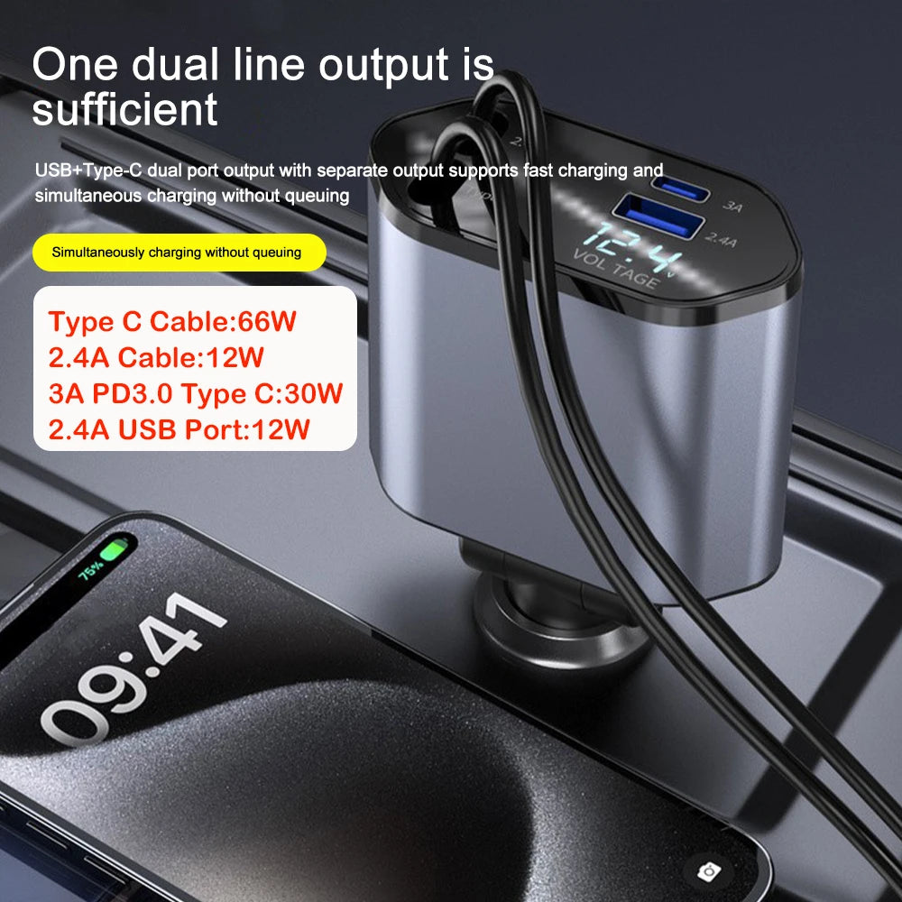 4 IN 1 Car Phone Charger 120W. Display For IPhone Huawei Samsung