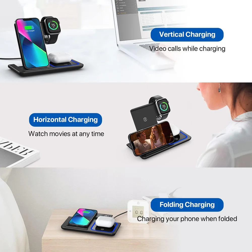 3 in 1 Fast Wireless Charging Station For iPhone 17- 12 Apple Watch 9 8 7 6 5 Airpods Pro