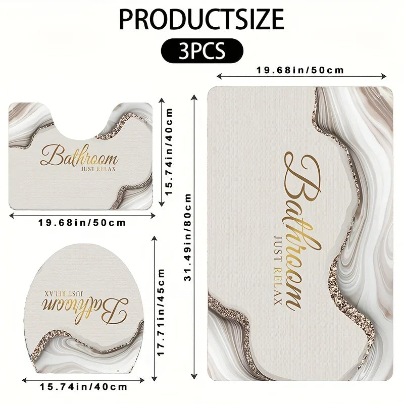 3 Piece Set Marble Texture Bathroom Floor Mat