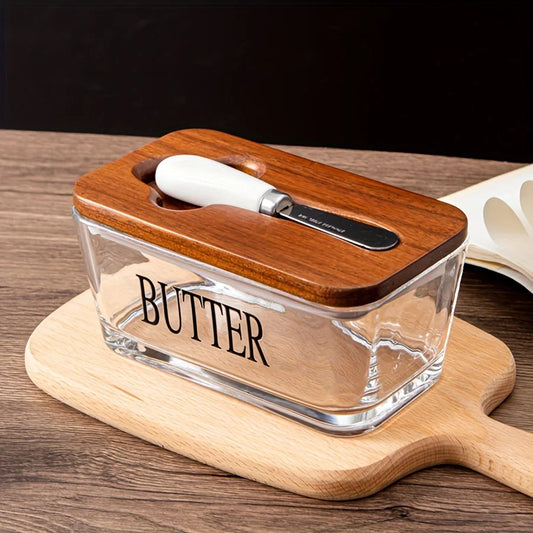 Thickened Glass Butter Dish Set with Rosewood Lid