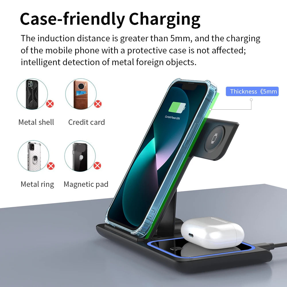 3 in 1 Wireless Charger Stand Pad Foldable Fast Charging Station Dock For iPhone 16 15 14 13 12 11 X 8 Apple Watch Airpods