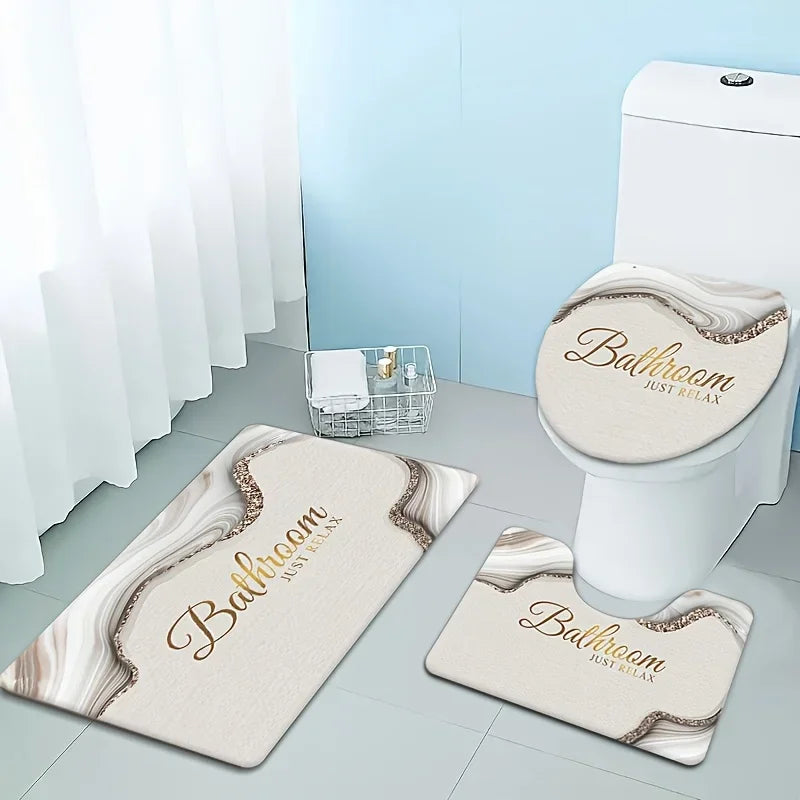 3 Piece Set Marble Texture Bathroom Floor Mat