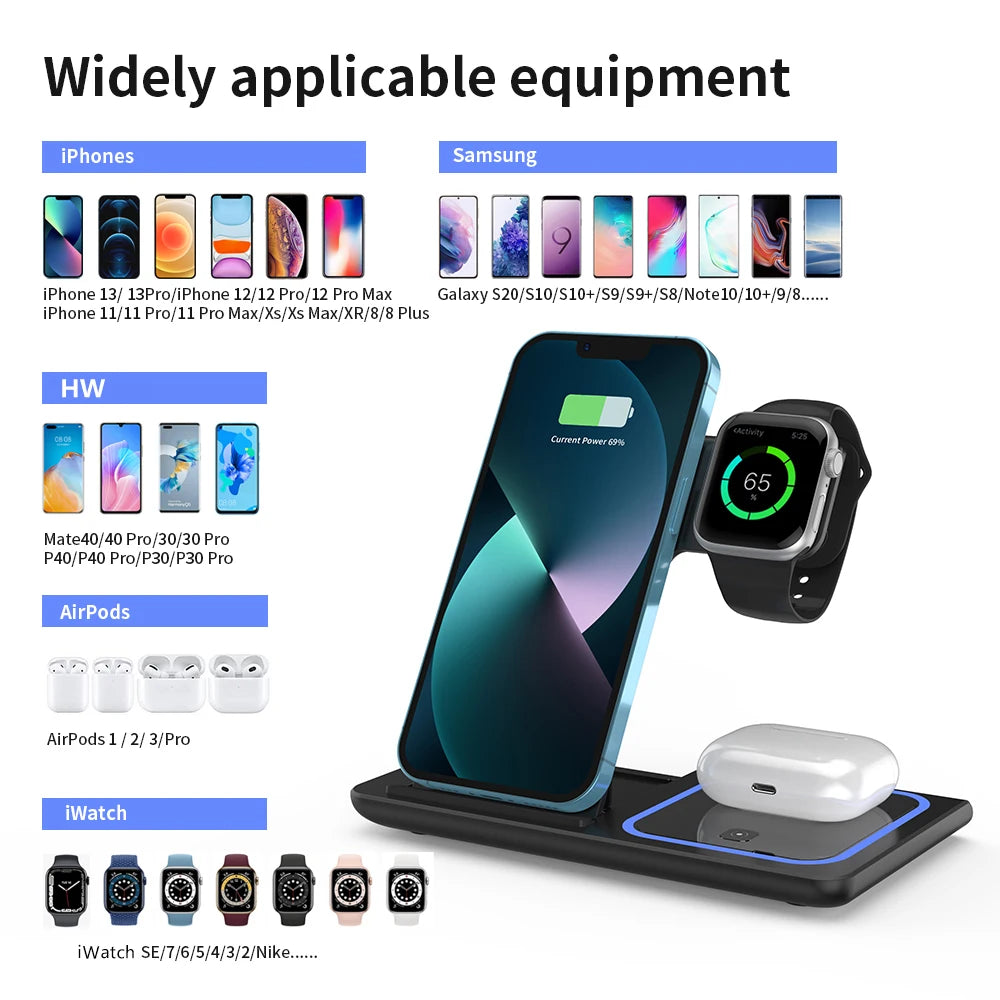 3 in 1 Wireless Charger Stand Pad Foldable Fast Charging Station Dock For iPhone 16 15 14 13 12 11 X 8 Apple Watch Airpods