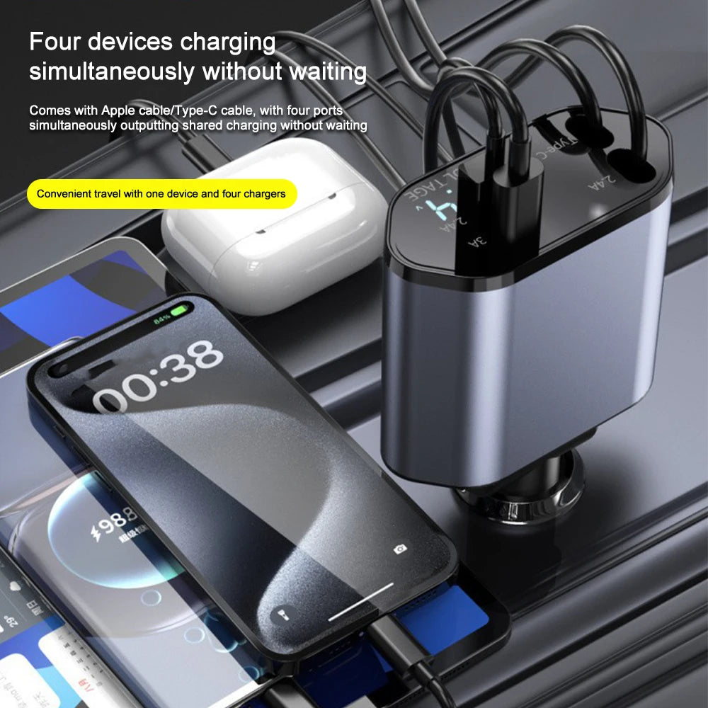 4 IN 1 Car Phone Charger 120W. Display For IPhone Huawei Samsung