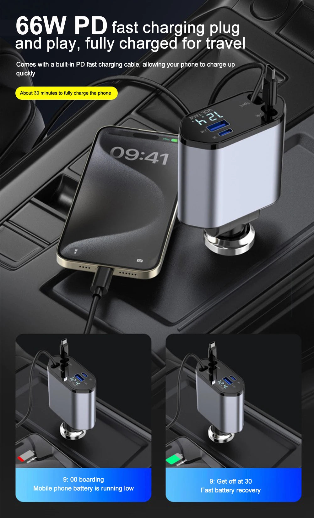 4 IN 1 Car Phone Charger 120W. Display For IPhone Huawei Samsung
