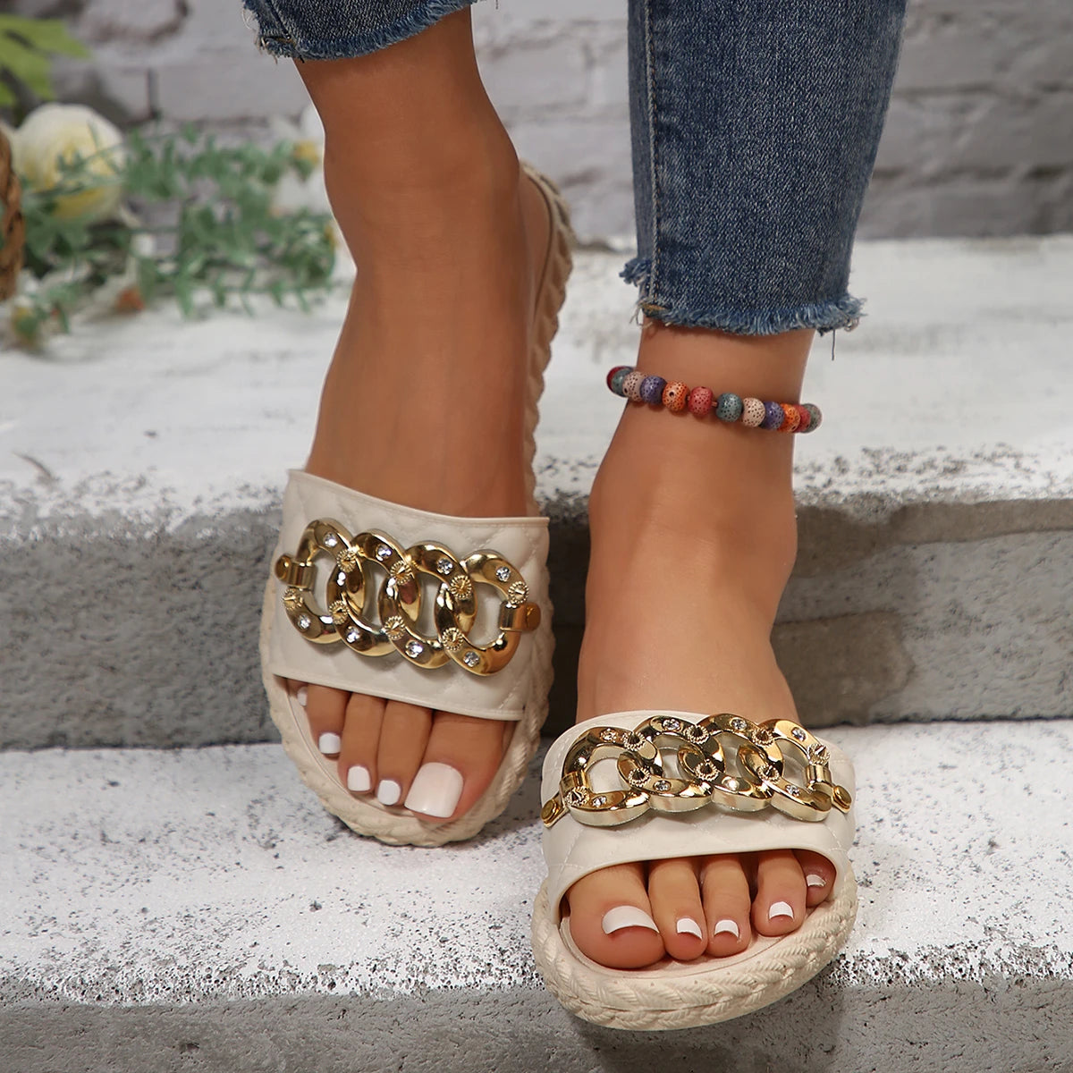 Crystal Gold Metal Chain Platform Sandals