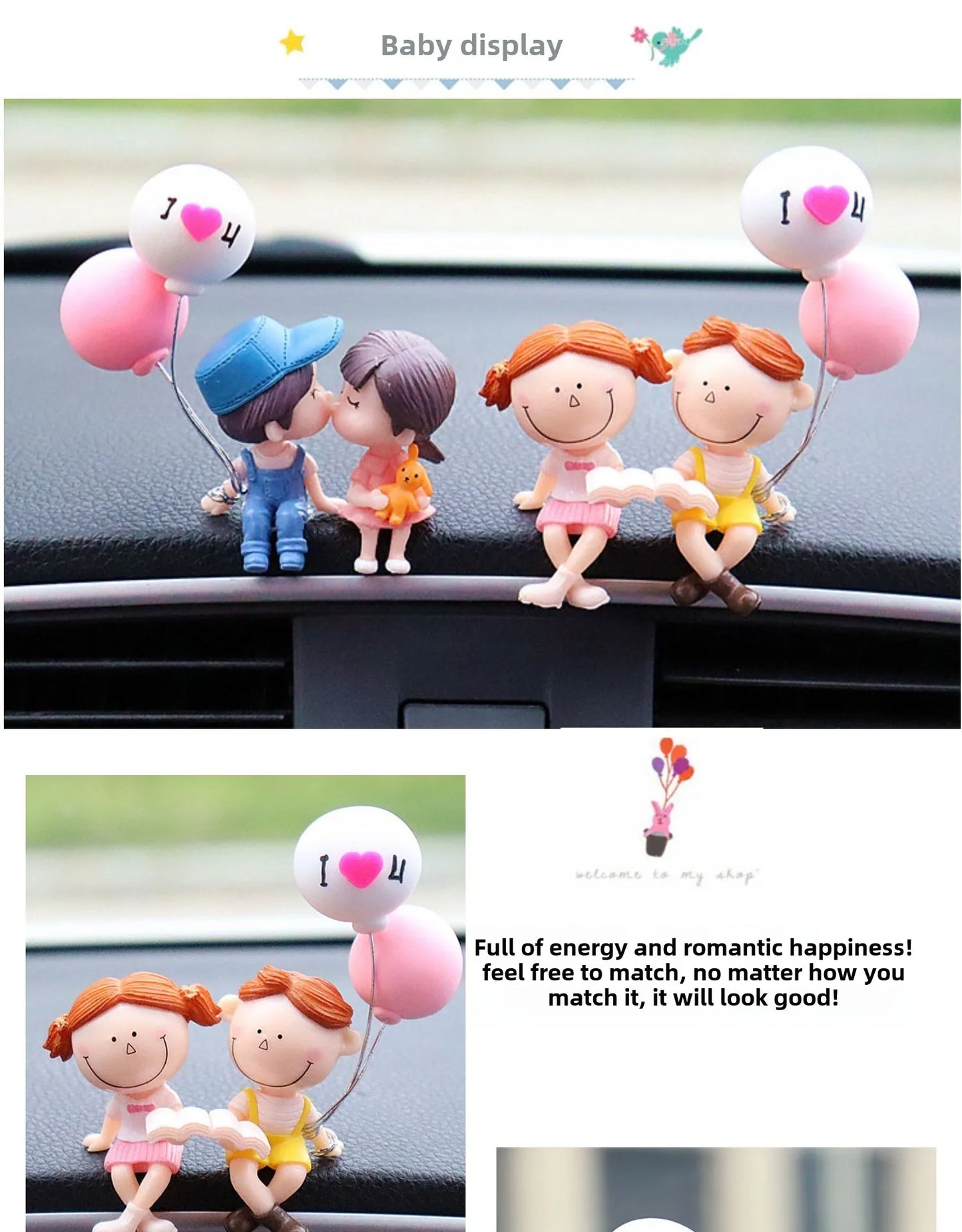 Cartoon Resin Couples Figurine Cute Lovers Balloon Ornament for Car Dashboard;Office Desktop;Home Decor