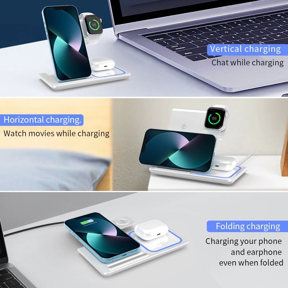3 in 1 Wireless Charger Stand Pad Foldable Fast Charging Station Dock For iPhone 16 15 14 13 12 11 X 8 Apple Watch Airpods