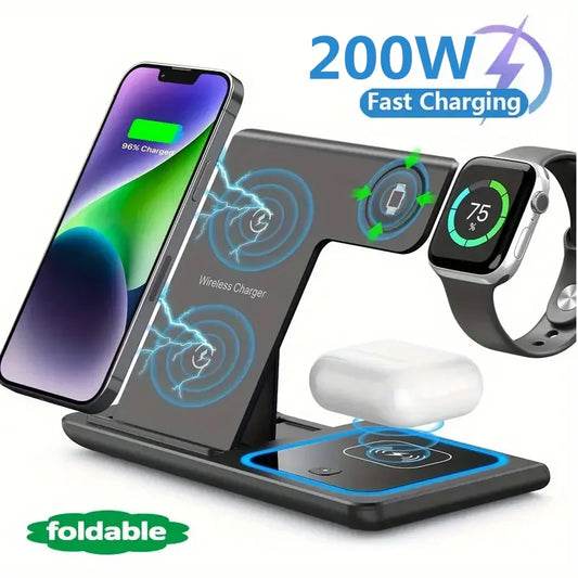 3 in 1 Wireless Charger Stand Pad Foldable Fast Charging Station Dock For iPhone 16 15 14 13 12 11 X 8 Apple Watch Airpods