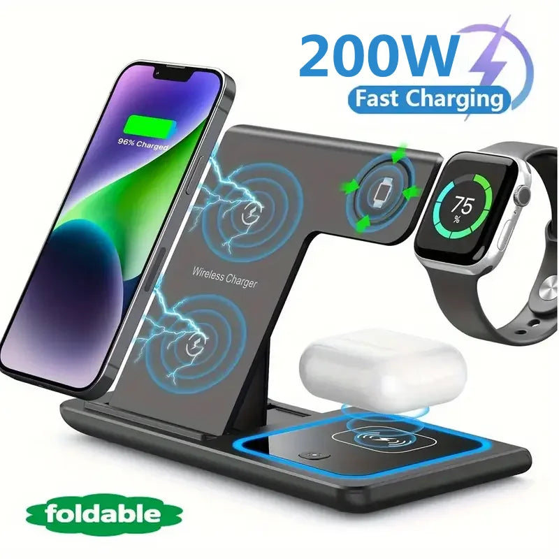 3 in 1 Wireless Charger Stand Pad Foldable Fast Charging Station Dock For iPhone 16 15 14 13 12 11 X 8 Apple Watch Airpods