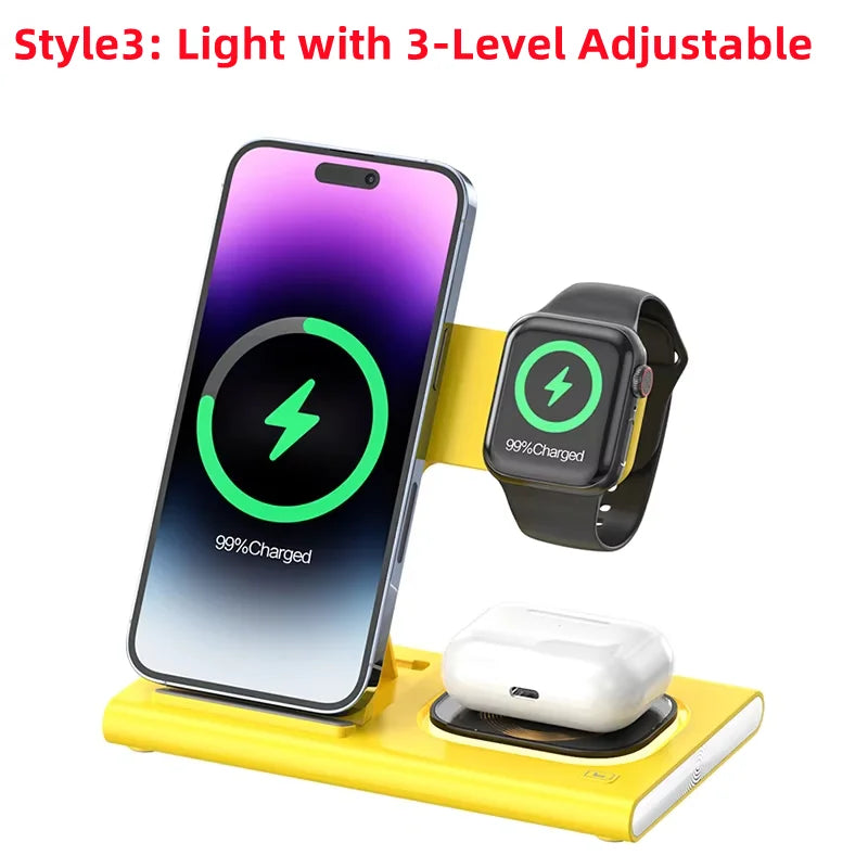 3 in 1 Wireless Charger Stand Pad Foldable Fast Charging Station Dock For iPhone 16 15 14 13 12 11 X 8 Apple Watch Airpods