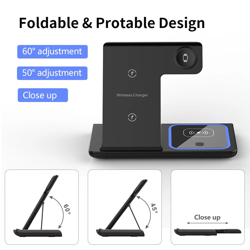 3 in 1 Wireless Charger Stand Pad Foldable Fast Charging Station Dock For iPhone 16 15 14 13 12 11 X 8 Apple Watch Airpods