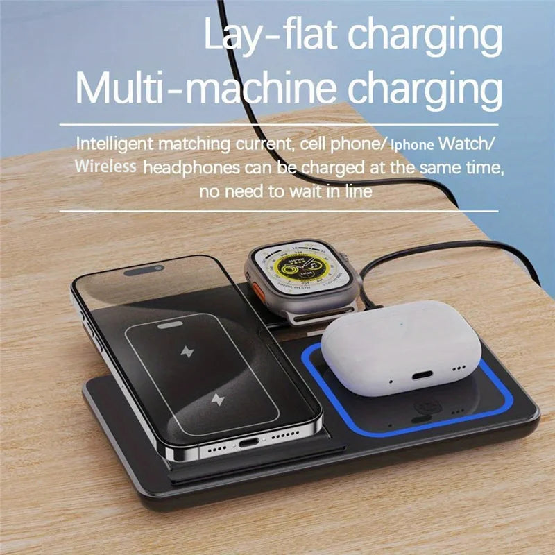 3 in 1 Wireless Charger Stand Pad Foldable Fast Charging Station Dock For iPhone 16 15 14 13 12 11 X 8 Apple Watch Airpods
