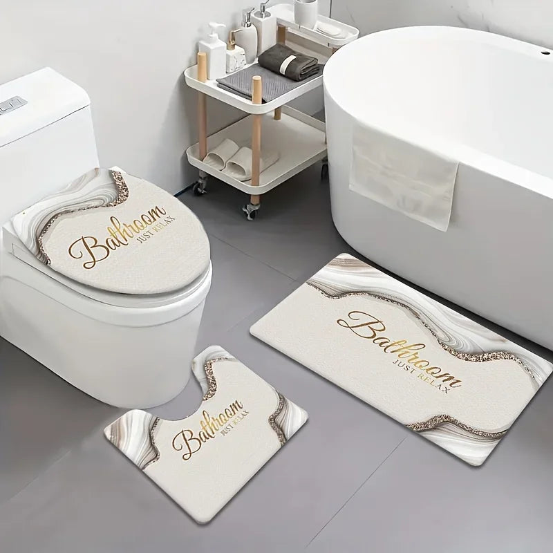 3 Piece Set Marble Texture Bathroom Floor Mat
